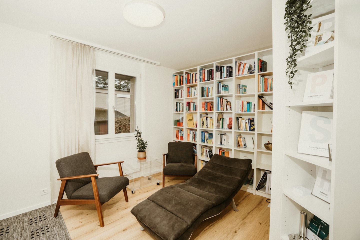 Comfortable therapy office with armchairs, chaise, and bookshelves.